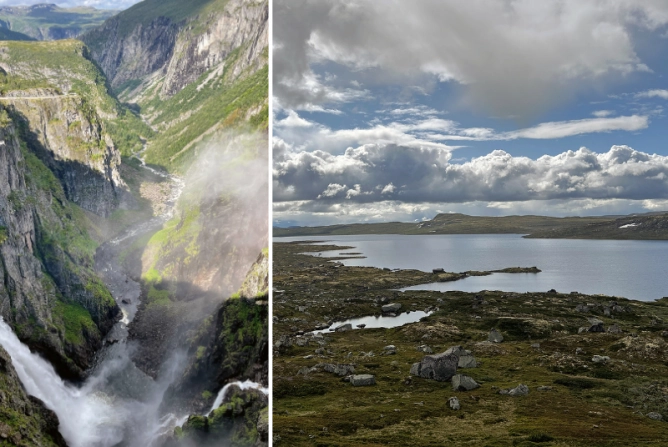 Der berühmte Wasserfall «Vøringsfossen» (l.), die Hochebene «Hardangervidda» (r.)