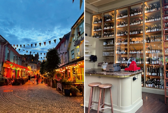 Stavanger im Sommer ist ein Paradies zum Ausgehen (l.), die «Norvald Winbar» ist eine Vorzeigeweinbar (r.)